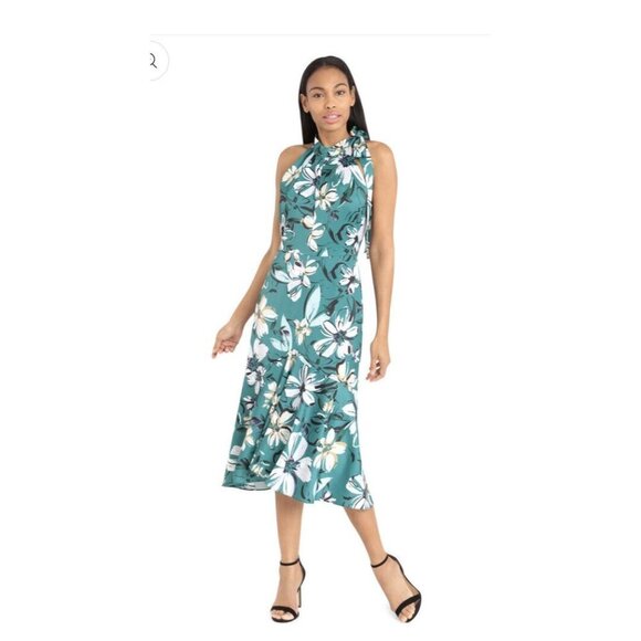 MAGGY LONDON Woman’s CAROLINA HALTER DRESS FLORAL MIDI CHARMEUSE GREEN SZ 2 - Picture 1 of 9